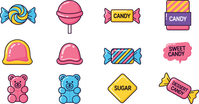 Candy and Sweet Treat Vector Set with Lollipop Jelly Bear and Dessert Icons