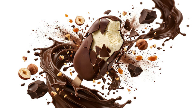 A dramatic explosion shot of a chocolate-coated vanilla ice cream bar shattering apart with hazelnuts, caramel, and chocolate splash.