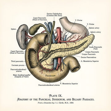 Vintage illustration of the pancreas duodenum biliary passages anatomy digestive