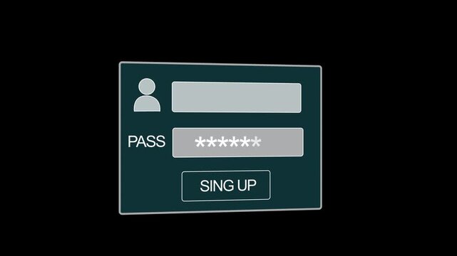 Digital user interface login form animation featuring interactive password field entry and sign up button for secure web application access, modern cybersecurity concept, minimalist ui