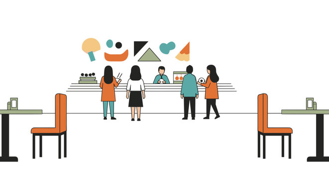 People queuing at a cafeteria serving food with abstract shapes above the counter Vector