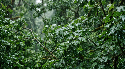 Fototapeta premium Lush green foliage of trees with raindrops glistening on leaves in a dense forest environment, showcasing the beauty of nature and ecological sustainability