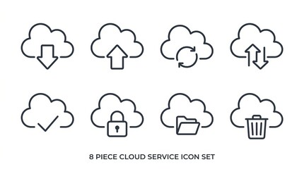 Fototapeta premium Modern cloud service icons depicting download, upload, sync, transfer, check, security, folder, and delete operations.