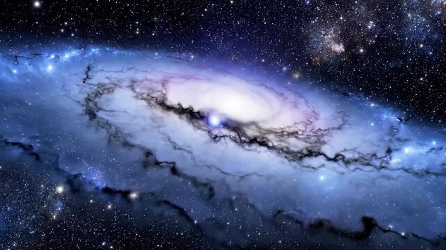 A vibrant galaxy showcases swirling purple and blue hues with a bright white center, set against a starry night sky