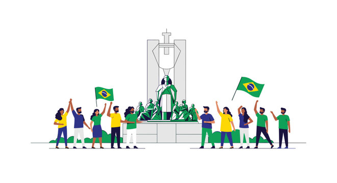 People celebrating with Brazilian flags in front of a monument Vector