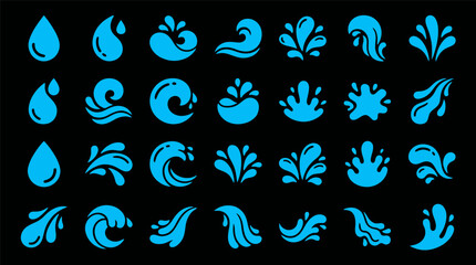 Obraz premium Collection of Blue Water Droplet and Splash Icons on Black Background