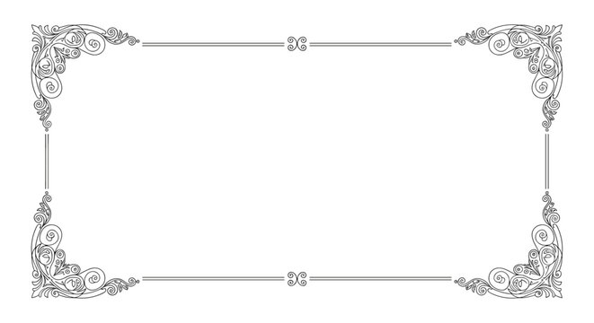 Ornate black and white rectangular frame featuring intricate floral corner patterns and delicate line work in vintage style.