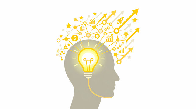 Conceptual illustration of a human head silhouette with a glowing lightbulb and an expanding network of business ideas, charts, and growth arrows.