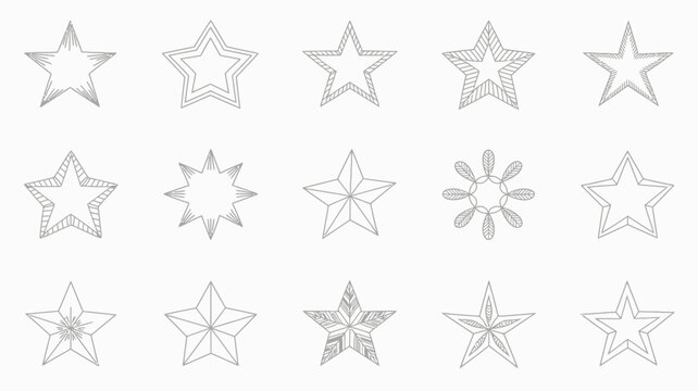 Collection of stylized pixel art stars and snowflakes in gray scale