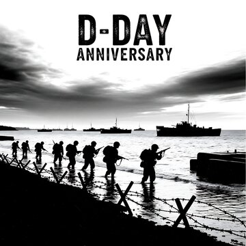 Soldiers landing on omaha beach during dday anniversary in black and white with barbed wire and ships in the background
