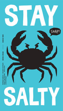 Retro graphic poster with black crab silhouette and stay salty typography on blue background