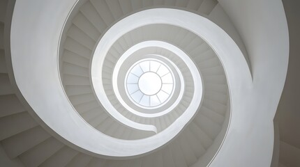 Fototapeta premium A spiral staircase with a circular window at the top, viewed from above, showcasing modern architecture and design