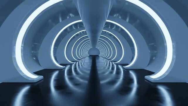 Futuristic white circular corridor tunnel with glossy reflective floor.