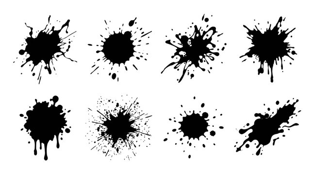 Dynamic Collection of Black Ink Splatter and Paint Drip Grunge Textures Isolated on White