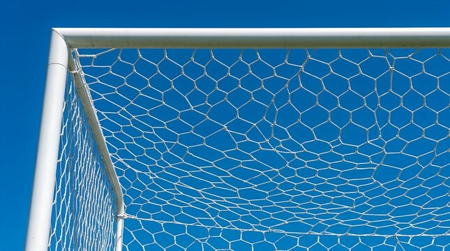 Professional white soccer goal post and net standing empty on green grass field against a clear bright blue sky on a sunny day at the stadium; perfect for sports competitions and football training.
