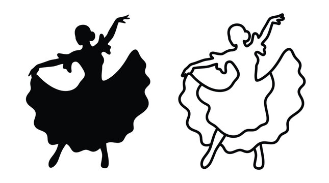 Flamenco dancer silhouette and line drawing on white background