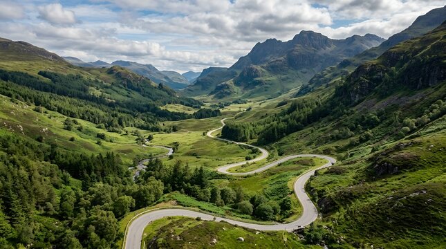 Breathtaking aerial view of a winding asphalt road snaking through a lush green mountain valley with majestic peaks under a dramatic sky; scenic highway travel journey and exploration of nature.
