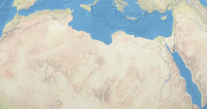 Libya on Globe. Zoom into the country with Earth spinning on dark background. Physical world map with Libya and label on it. Country view animation.