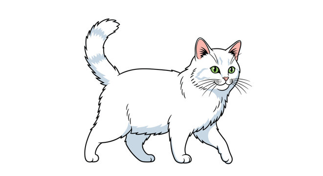 Elegant long-haired white cat with green eyes and a fluffy tail walking gracefully across a white background.