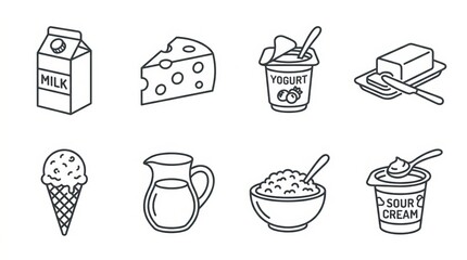 Obraz premium Collection of fresh dairy products in a simple, clean line art style.