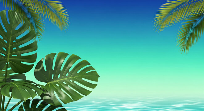 Lush green monstera leaves and palm fronds frame a tranquil blue and turquoise gradient sky with rippling water, evoking a tropical paradise and vacation vibes