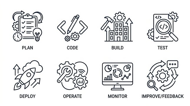 Visualizing the iterative process of software development from planning to improvement.