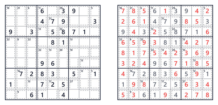 Killer Sudoku Puzzle with Cage Sums Answer Grid and Solution