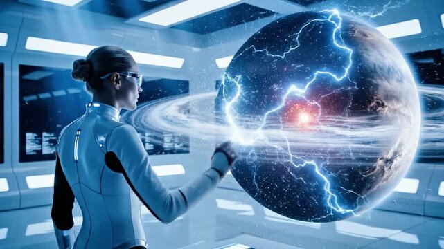 A futuristic woman interacts with a glowing, electric blue and red planet Earth model