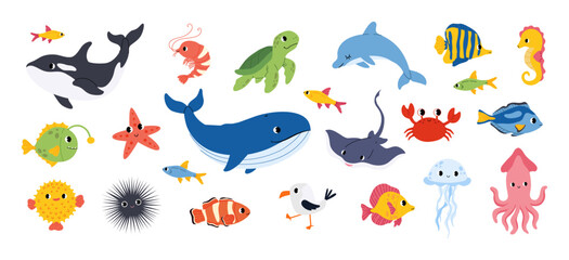 Сute sea animals collection. Whale, dolphin, turtle, octopus, squid, jellufish, tropical fish, stingray. Underwater marine life. Flat design, vector illustration for kids. © Nataliia Vyshnytska