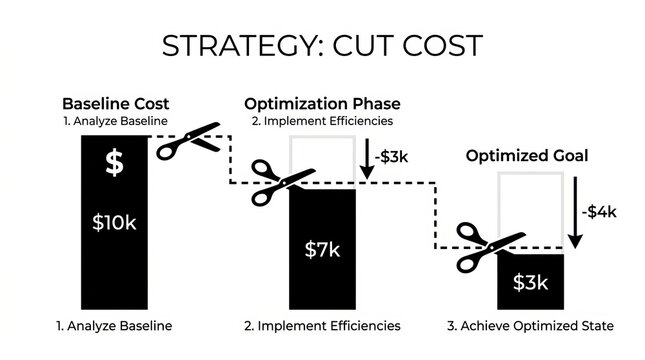 Visualizing cost reduction strategy from baseline to optimized state with scissors cutting money symbols.