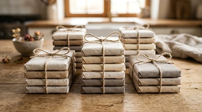 Stacks of Handmade Eco-Friendly Packages Tied with Twine