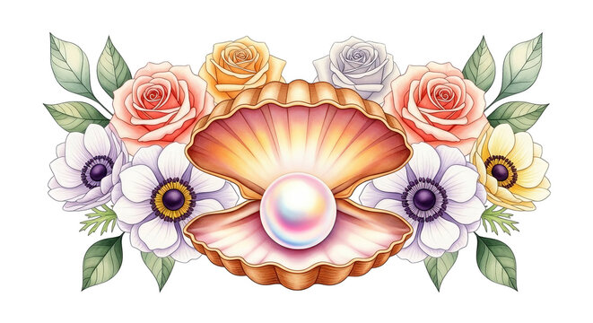 Beautiful open clam shell with iridescent pearl surrounded by elegant roses and anemone flowers
