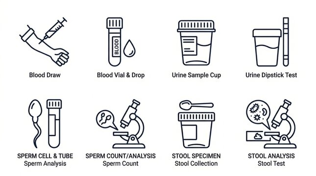 Medical icons showing blood draw, sample collection and laboratory analysis for health checkups.