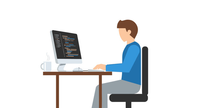 Programmer working on computer coding on desk with coffee