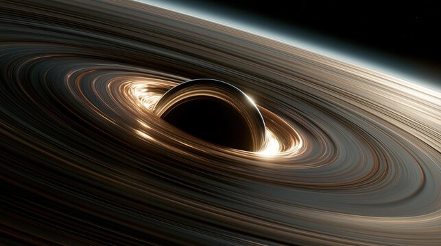 Supermassive black hole with glowing golden rotating accretion disk in deep dark outer space showing amazing cosmic astronomy scientific phenomenon