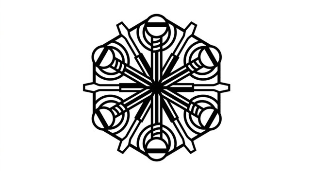 Abstract Hexagonal Geometric Shape with Radial Lines and Circles.