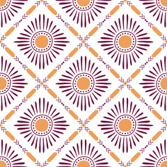 Obraz premium Tropical ethnic geometric seamless pattern with sun, tribal rhombus ornament, stripes. Vector tribal summer vacation print, hand drawn repeat background, textile design, checkered wallpaper, wrap.
