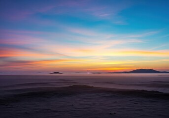 Obraz premium Vast empty landscape under an expansive sky where the visible elements along the distant horizon line are dramatically sparse and widely spaced, silhouette, boundary, wide