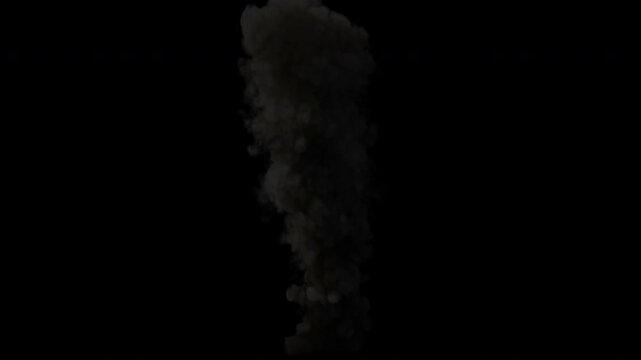 Realistic dark gray smoke plume rising and billowing upwards on a black background animation.