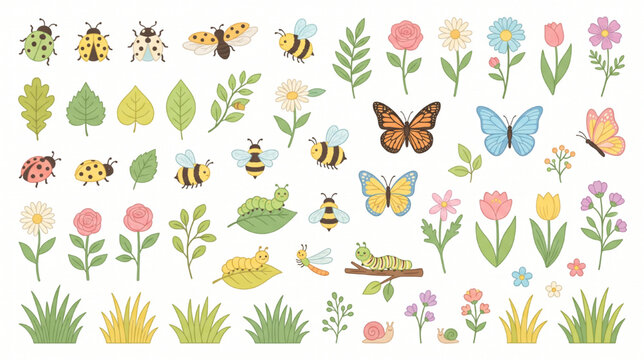Garden Insect Vector Set &ndash; Cute Ladybugs, Bees, Butterflies and Nature Elements in Soft Pastel Flat Illustration