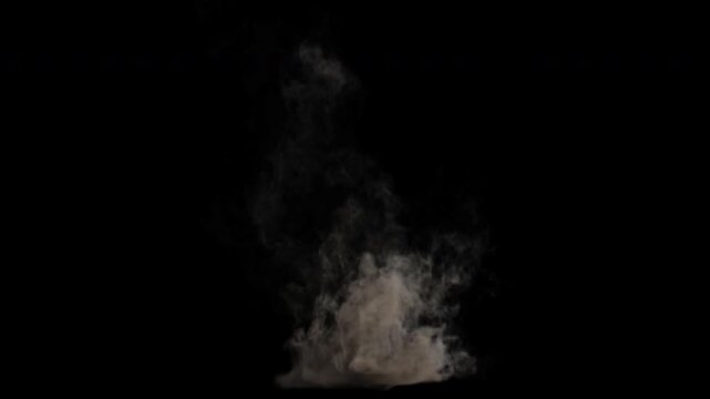 Realistic dust and smoke explosion rising and dissipating on a black background for visual effects.