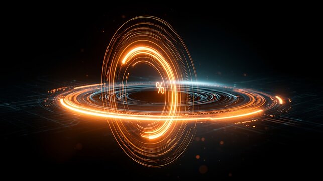 Glowing orange percentage symbol floating within a complex circular digital interface against a dark background