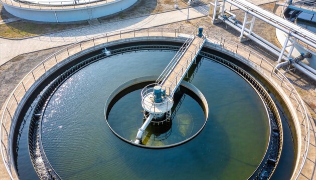Aerial view of a modern large-scale wastewater treatment plant, featuring circular purification tanks and intricate piping systems, reflecting advanced industrial engineering and environmental infrast