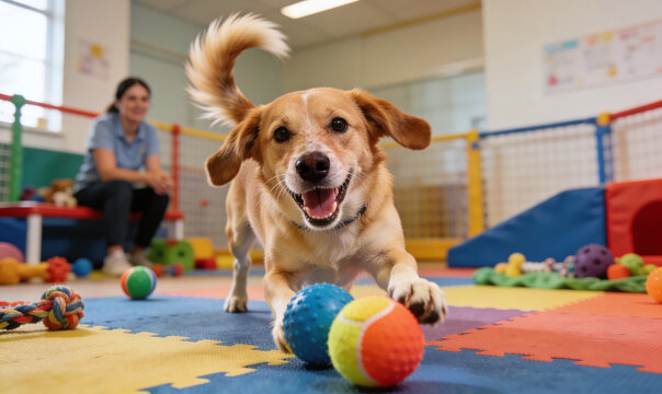 Joyful canine companion dashes playfully across a vibrant indoor facility, tail a blur of excitement, chasing colorful balls on a soft foam floor under the watchful eye of a seated human