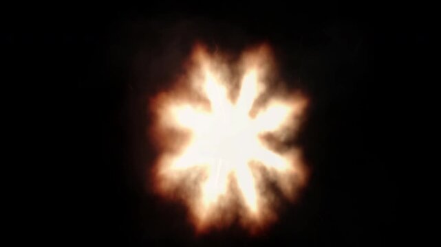 Realistic Fiery Muzzle Flash Explosion Burst on a Black Background.