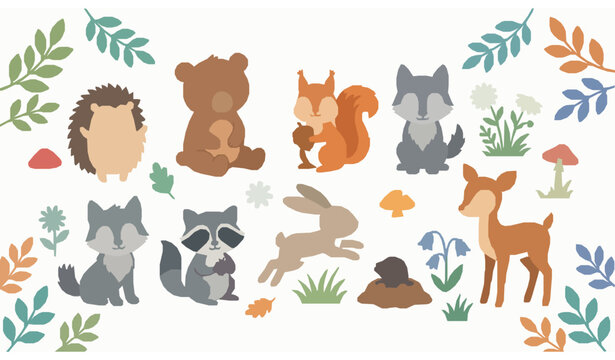 Colorful Woodland Baby Animal Collection Vector Illustration