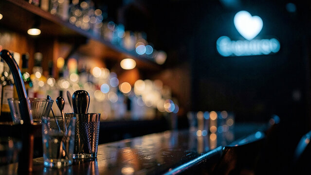 Bar tools on polished counter in dimly lit lounge with warm bokeh