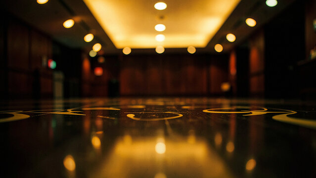 Polished dark floor with golden pattern in warm illuminated interior corridor
