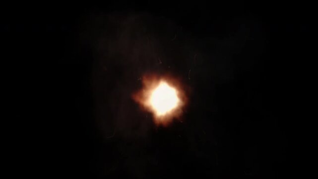 Realistic Muzzle Flash Explosion with Fire and Smoke on a Black Background.