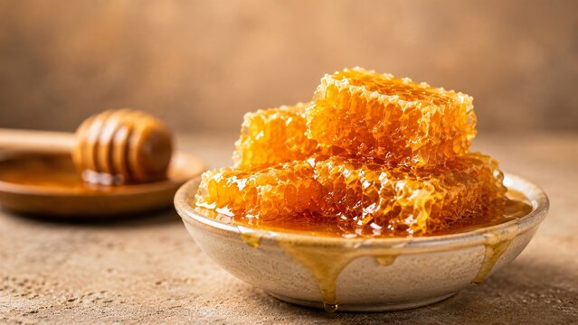 Golden honey dripping on raw honeycomb block. Fresh organic bee product for natural nutrition and healthy breakfast. Delicious sweet food ingredient in kitchen. Close up macro view.